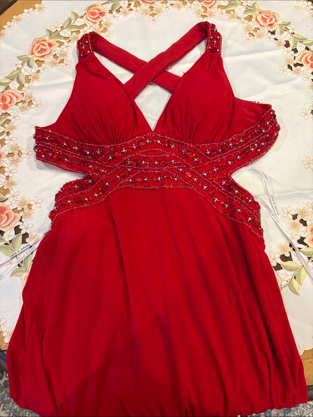 Dave & Johnny Red Beaded V-Neck Maxi Gown